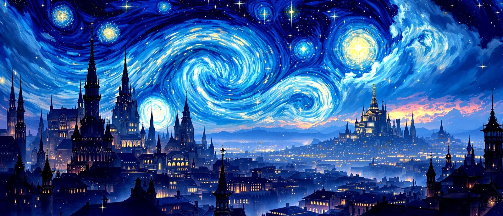 Velaris: A Starry Night Cityscape in Post-Impressionist Styl...