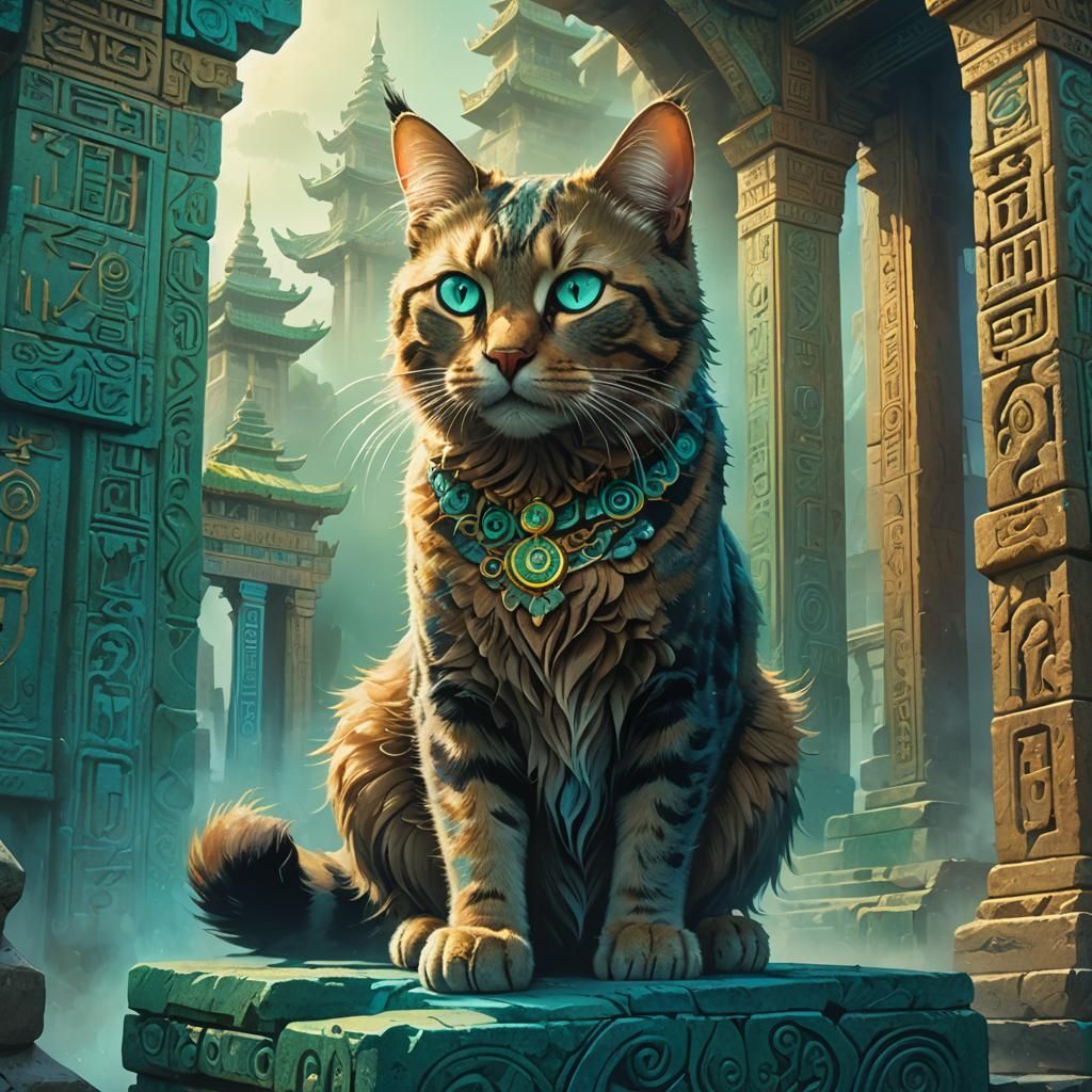 Majestic Cat in Ancient Temple: Fantasy Concept Art