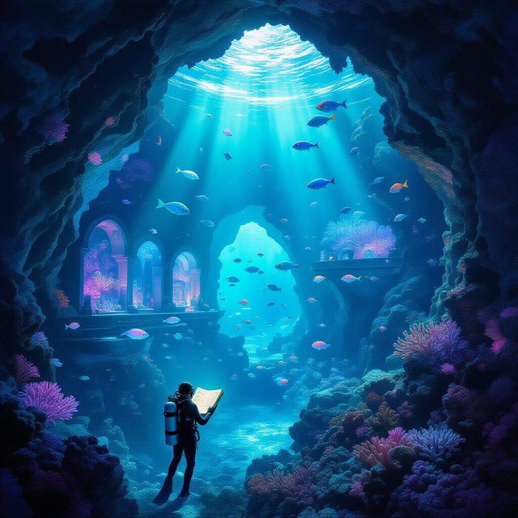 Surreal Underwater Geode City With Glowing Manuscript
