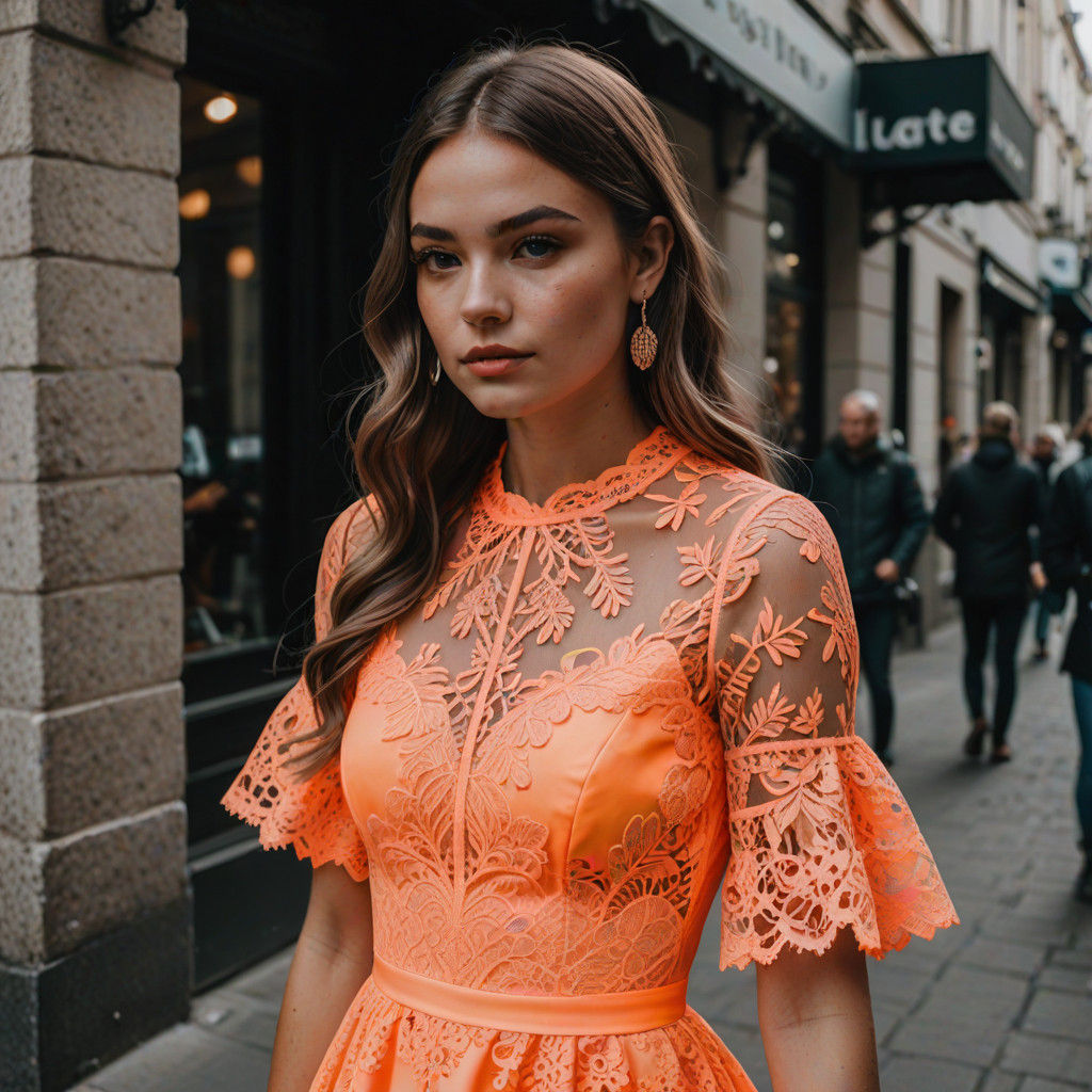 Glowing Woman in Neon Dress with Intricate Lace