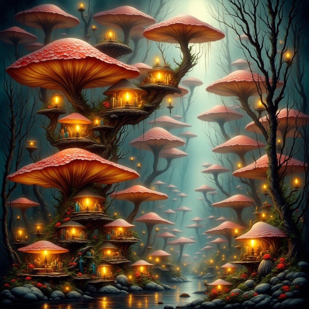 Giant Mushroom Forest With Glowing Book Shelves