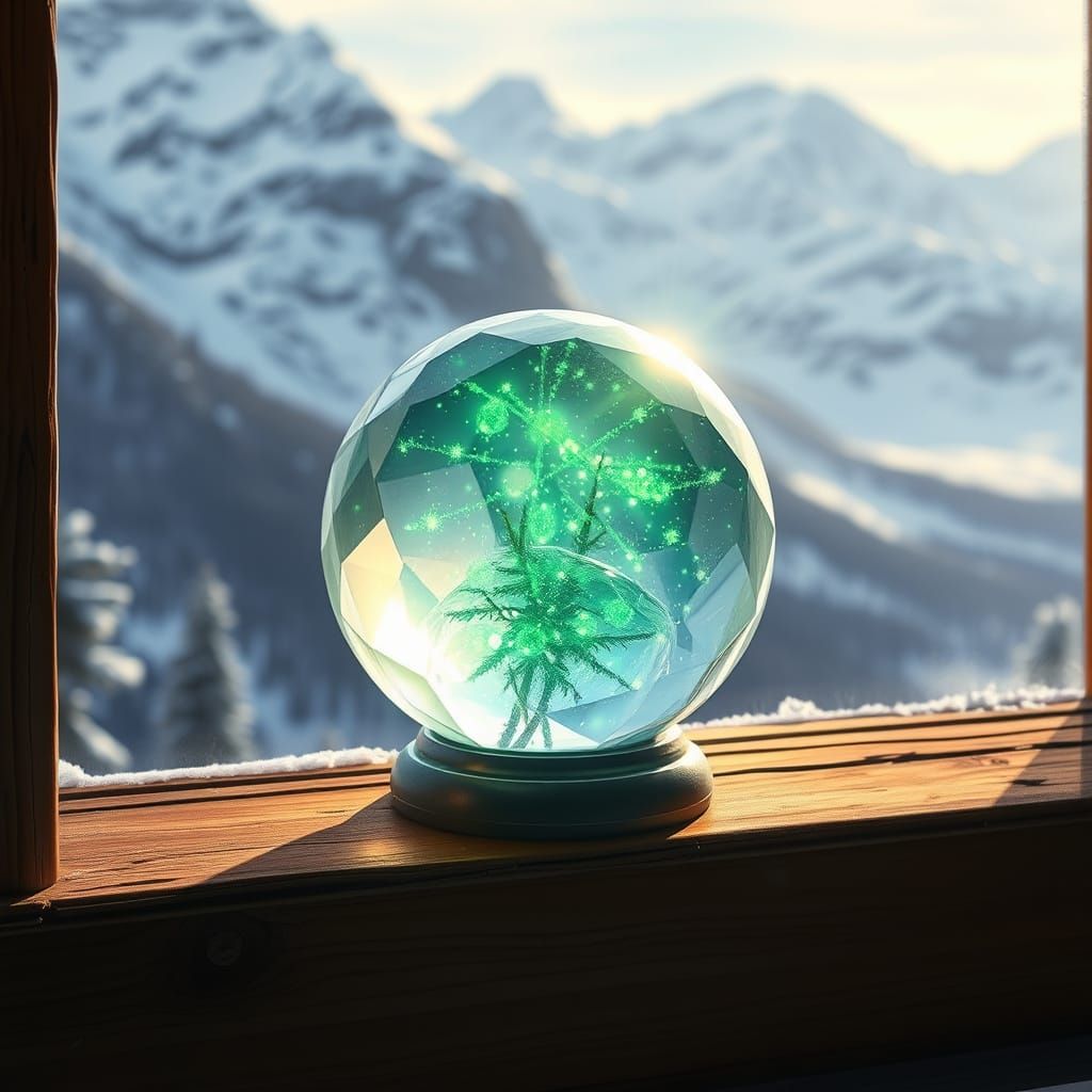 Crystal Ball Radiates Emerald Light in Serene, Dreamlike Lan...
