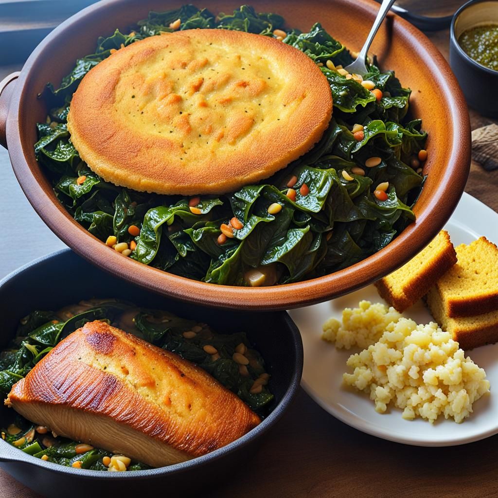 Collard Greens, Turkey and Cornbread in Pointillism