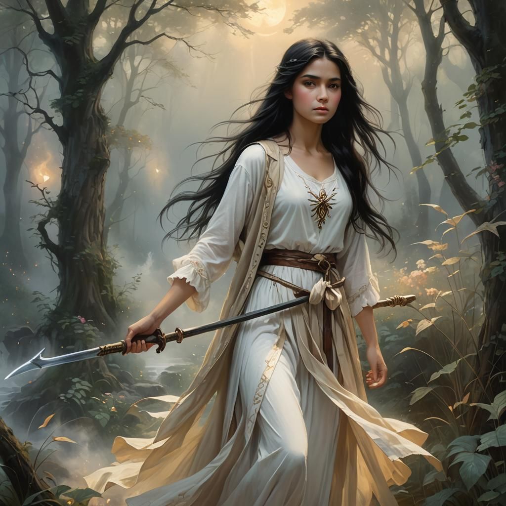 Dreamy Young Girl in a Whimsical Misty Landscape