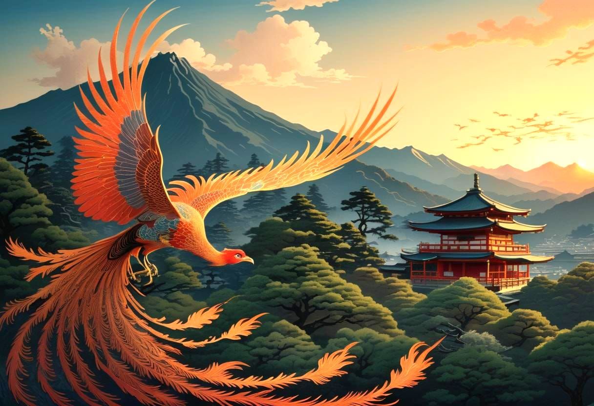 Phoenix Soaring Near Shinto Shrine in Ukiyo-e Style