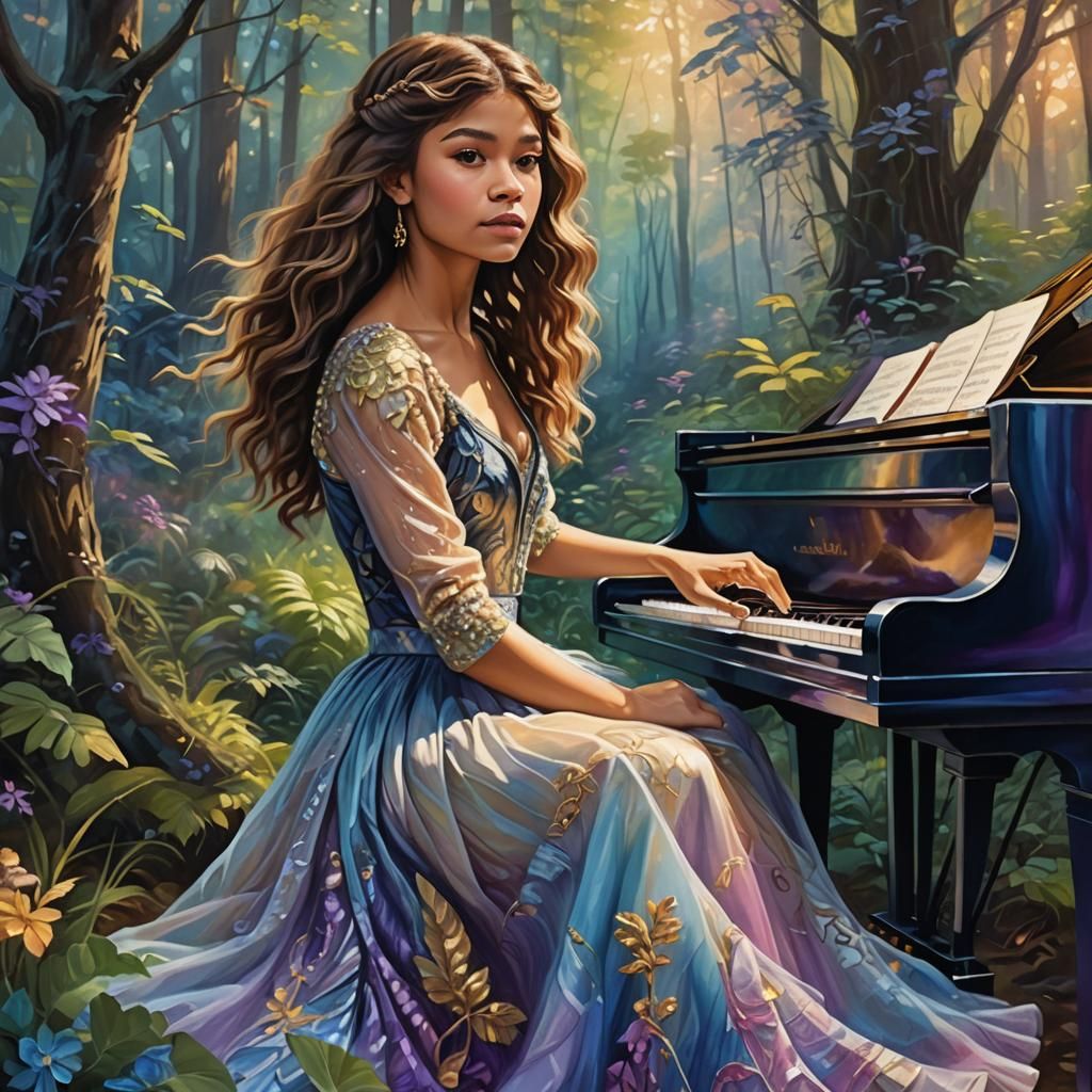 Zendaya Plays Piano in Mystical Forest: Fantasy Art