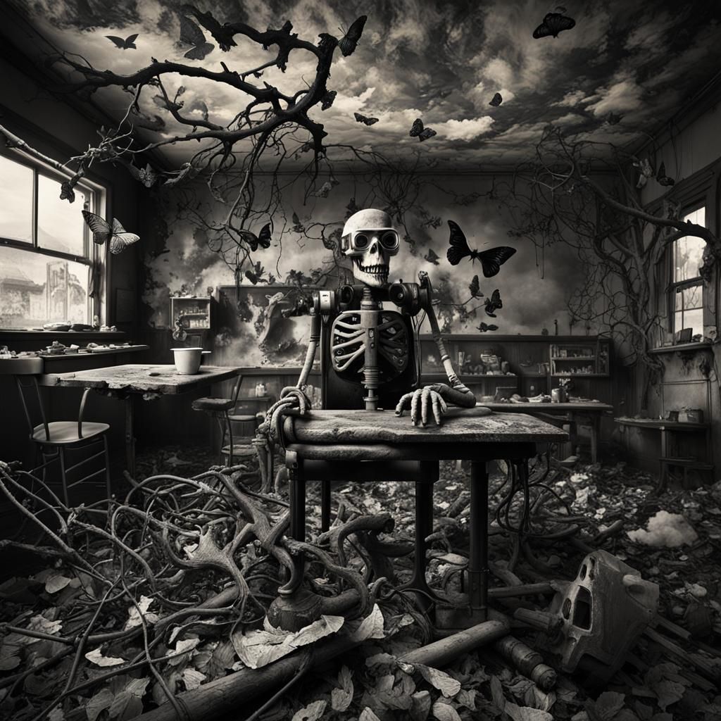 Decaying Dummy in VR Goggles: Apocalyptic Coffee Shop