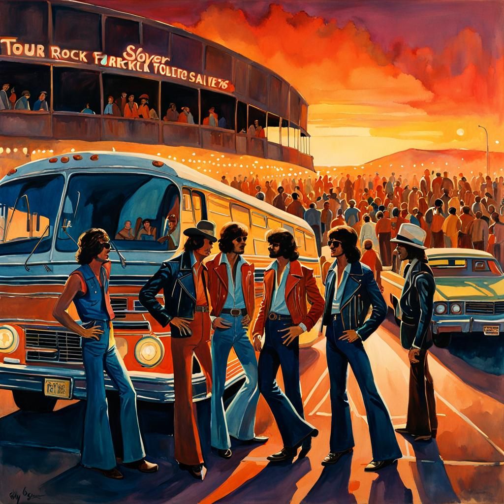 Rock Band Tour, 1970s Watercolor Painting