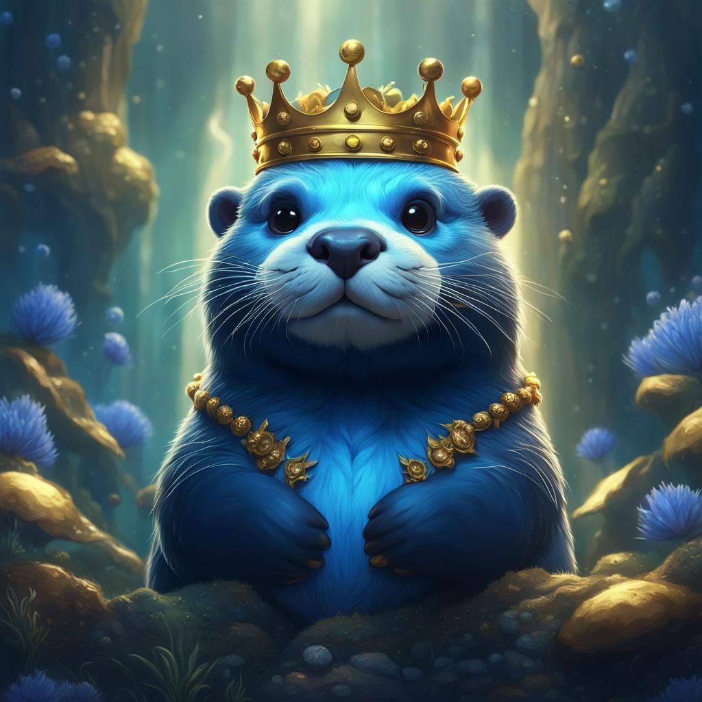 Blue Otter Queen with Golden Crown in Detailed Digital Paint...