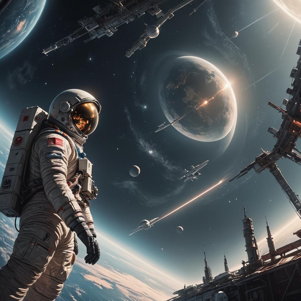 Cosmonaut Above Earth in Soviet Sci-Fi Style
