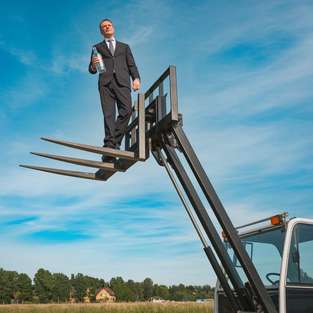 Precarious Man on Forklift with Vodka