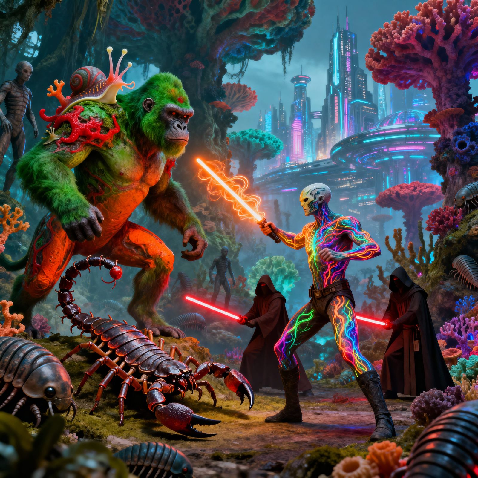 Alien Forest Creature Combat in Luminous Metropolis