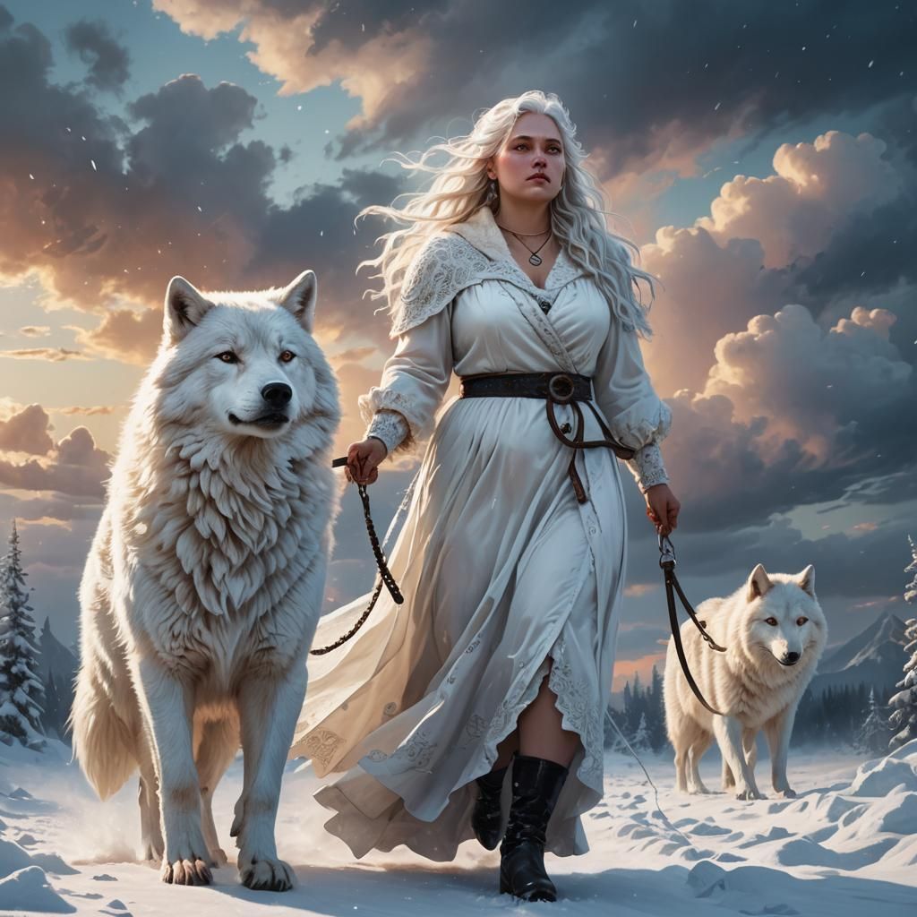 Mighty Woman with White Wolf in Winter Landscape