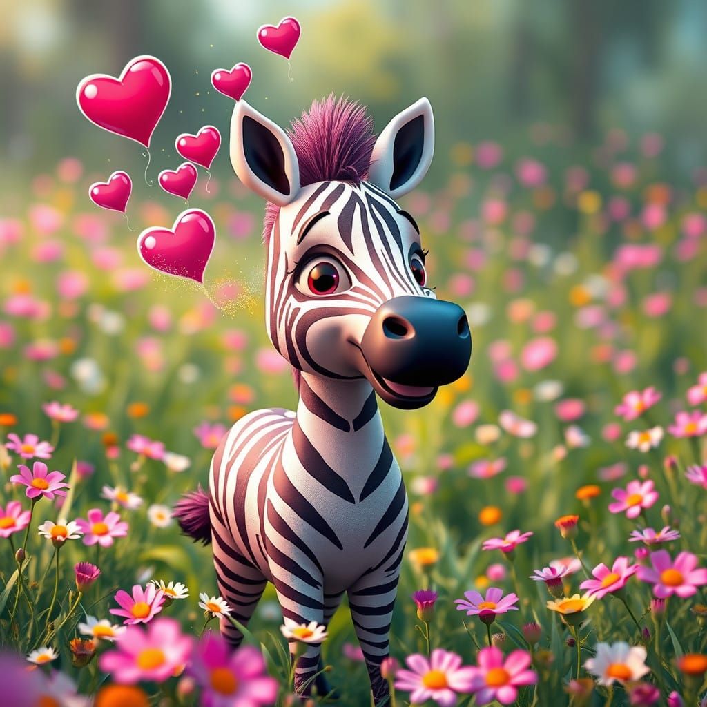 Whimsical 3D Cartoon Zebra Spreads Love in a Vibrant Mead