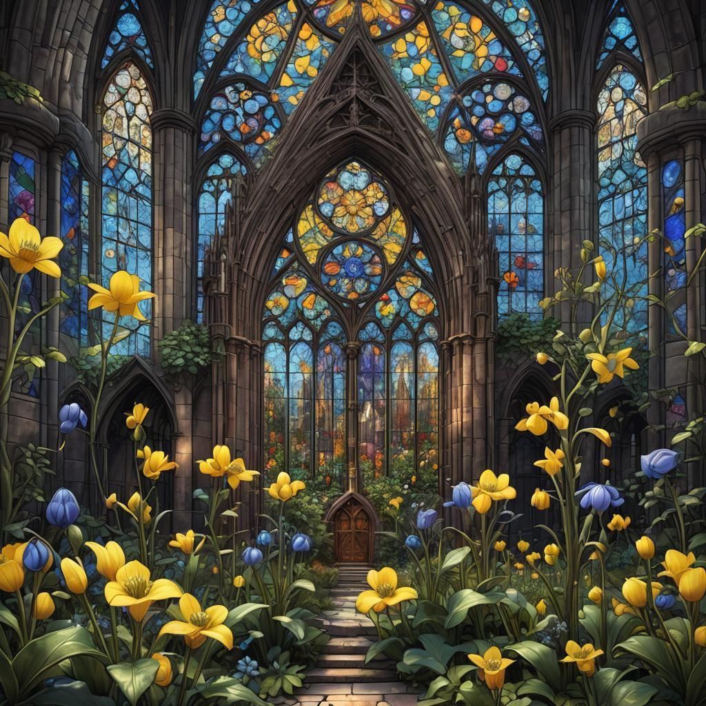 Stained Glass Cathedral with Winter Aconite Flower