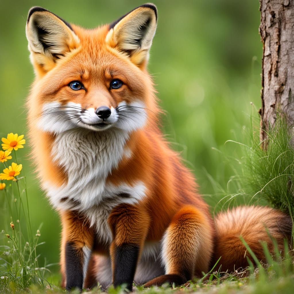 Fox in Meadow with Flowers