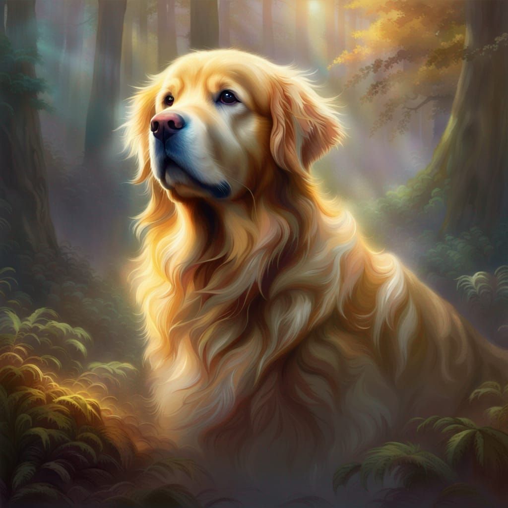 Golden Retriever in Forest, Hyperrealistic Splash Art