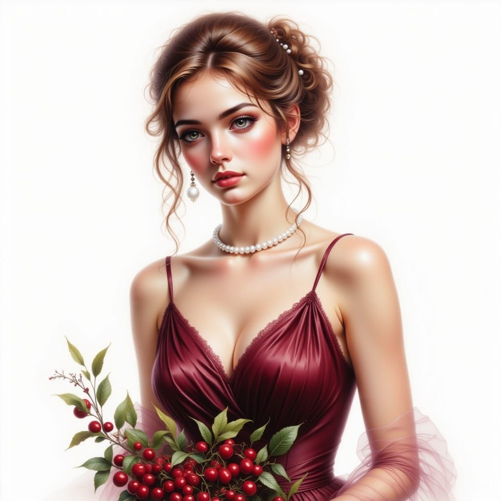 Elegant Woman with Cherries in Evening Dress