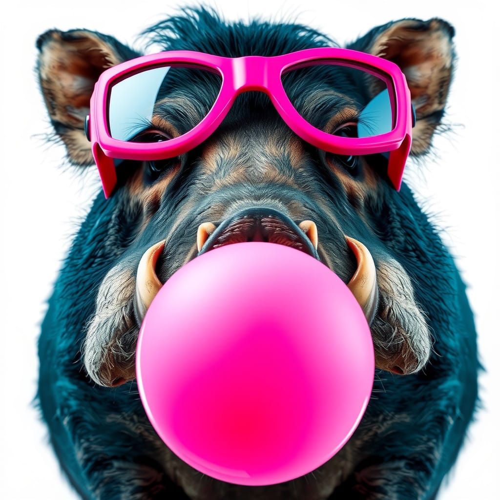 Warthog Wears Pink Goggles and Chews Bubble Gum in a Moody,....