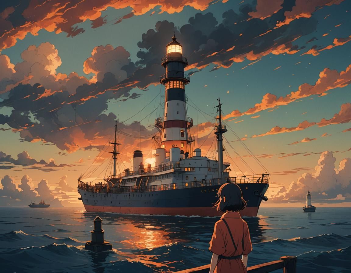 Girl on Ship at Lighthouse in Anime Style