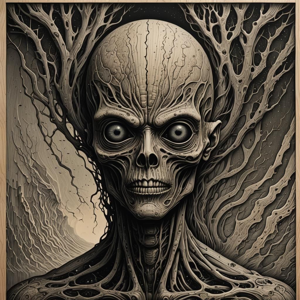 Disturbing Alien Woodcut Print in Horror Style