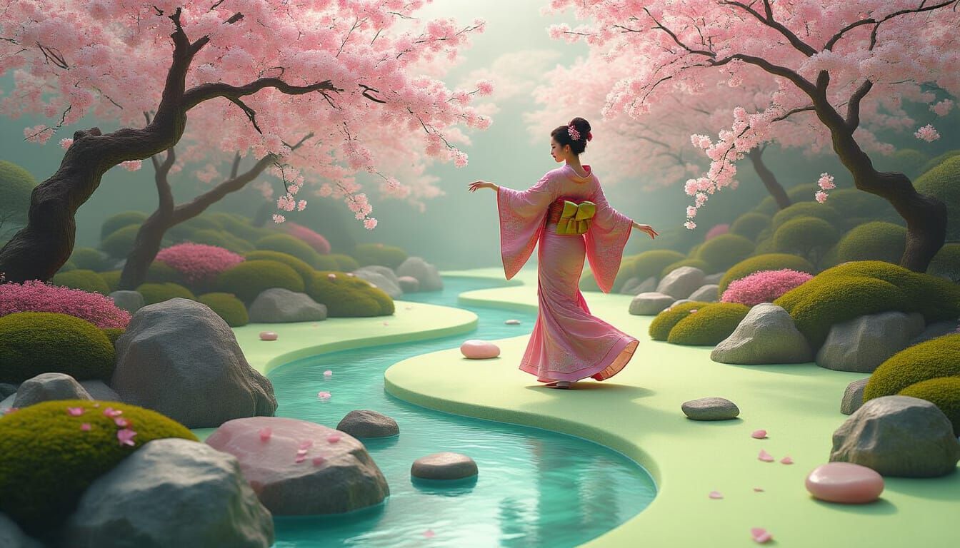 Woman Dancing in Pink Kimono in Zen Garden