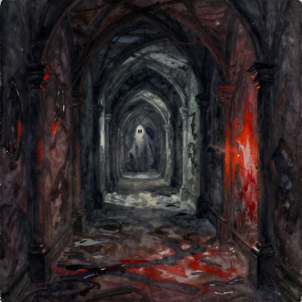 Eerie Gothic Corridor in Painterly Watercolor and Oil