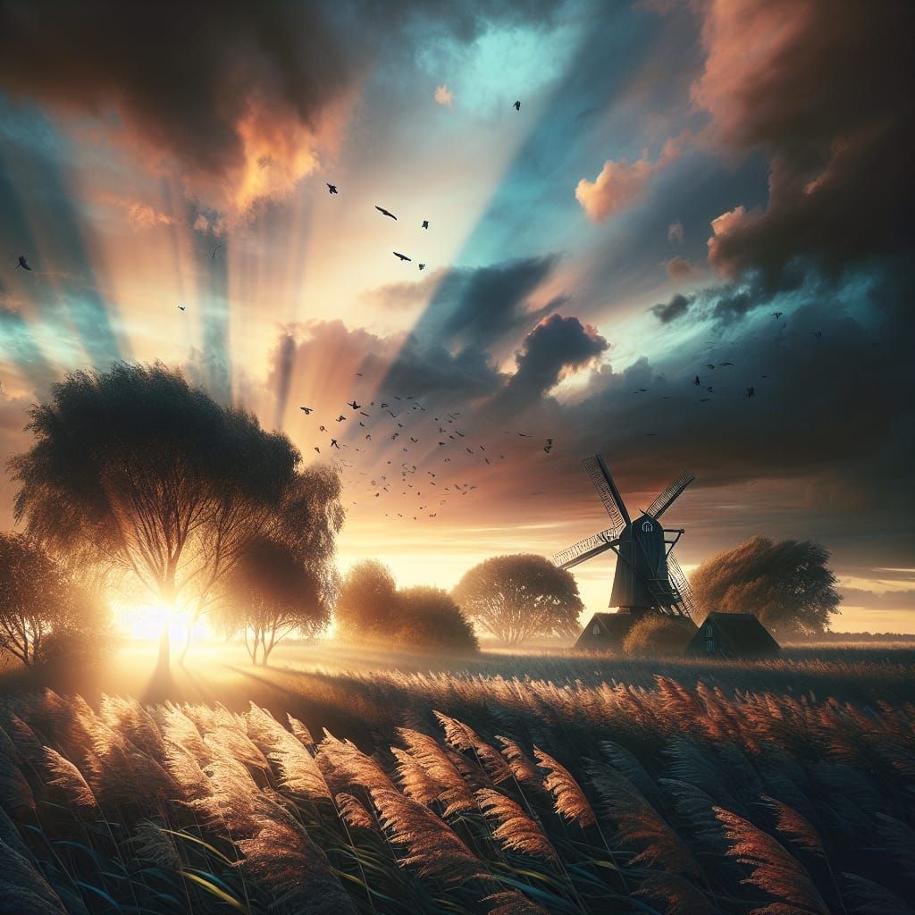 Ethereal Sunset Landscape with Windmill