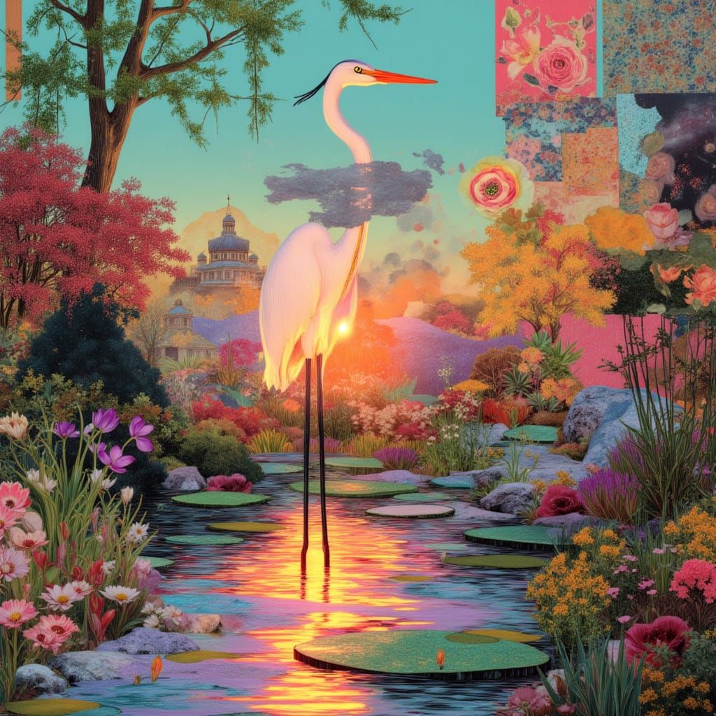 Herons in Pond at Sunrise in Collage Style