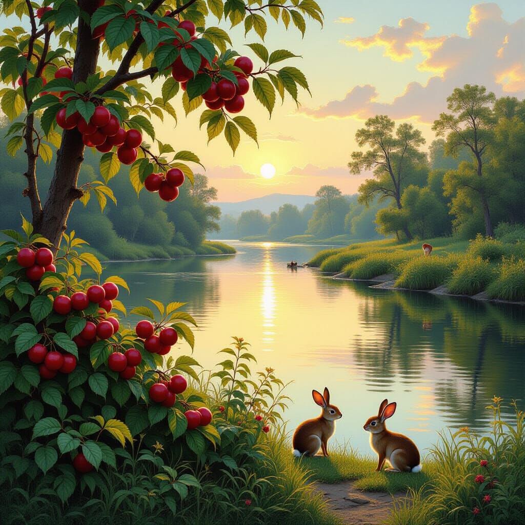 Serene Riverside Morning with Wildlife and Wild Fruits