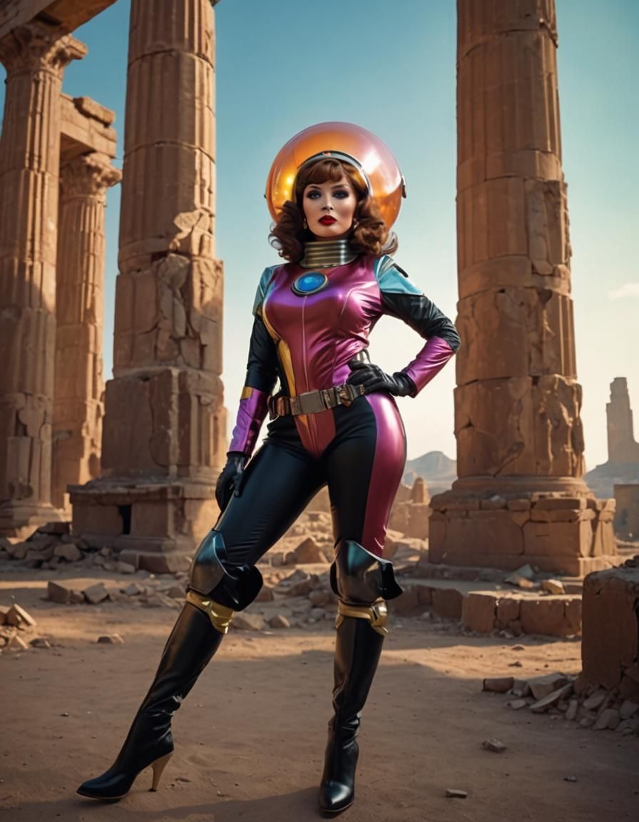 Retro Sci-Fi Pinup Girl in Ancient City Ruins