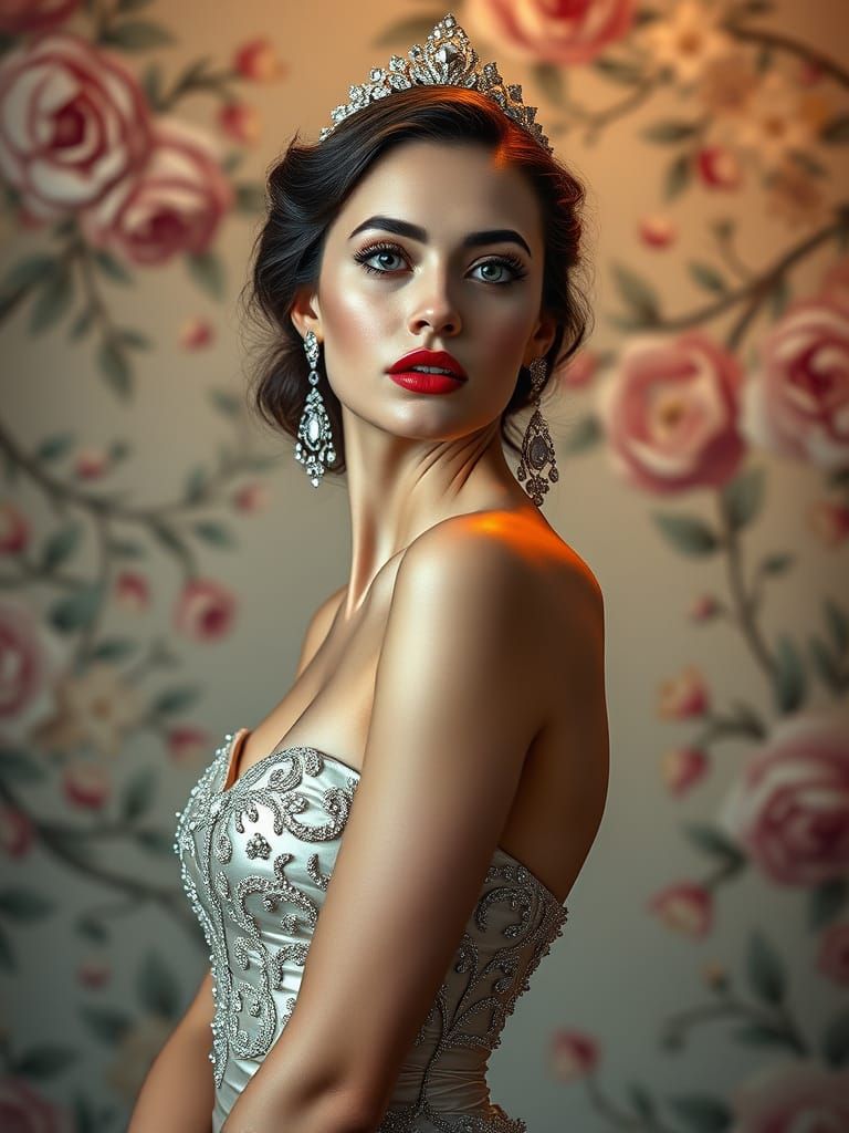 Elegant Lady in Whimsical Garden, in Hyperrealistic Style