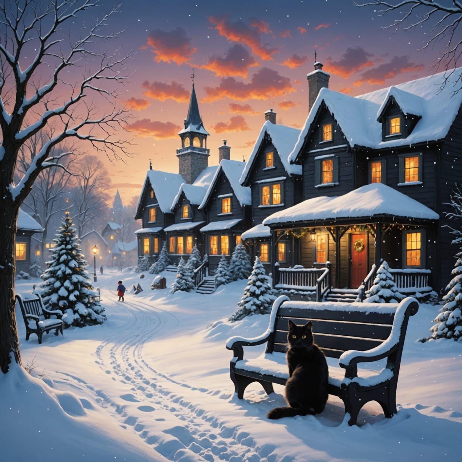 Winter Wonderland Scene with Snowy Cityscape and Joyful Chil...