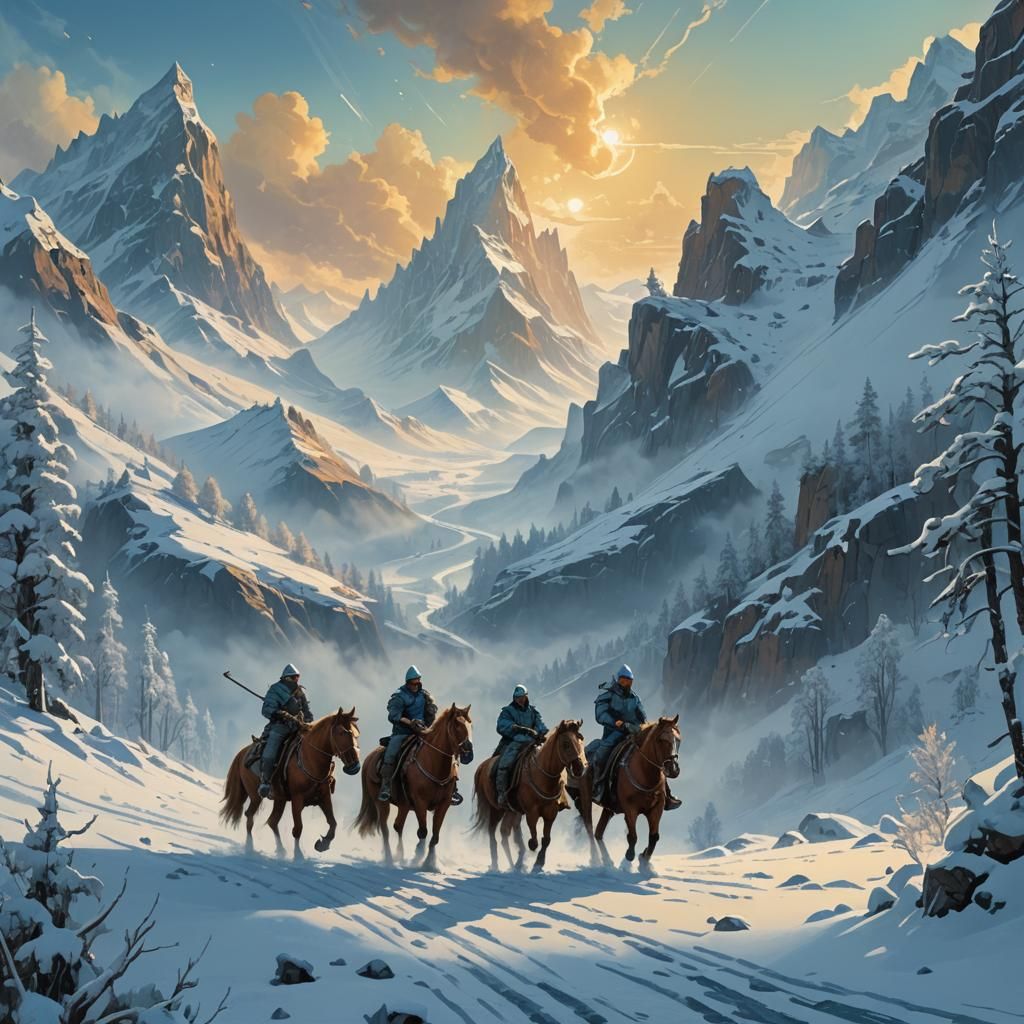 Epic Riders in Snow Mountains: Fantasy Concept Art