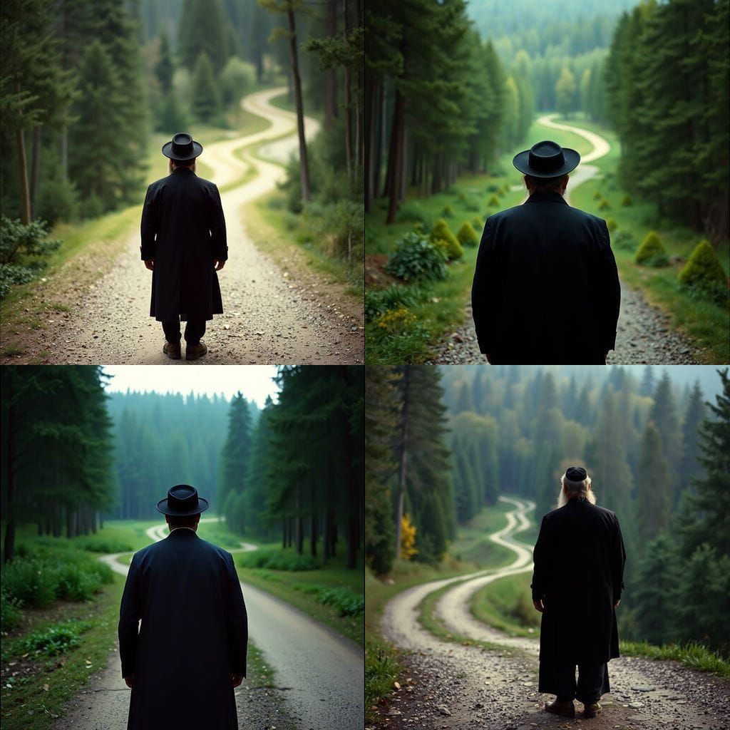 Hasidic Man at Forest Path Entrance: Cinematic Film Still