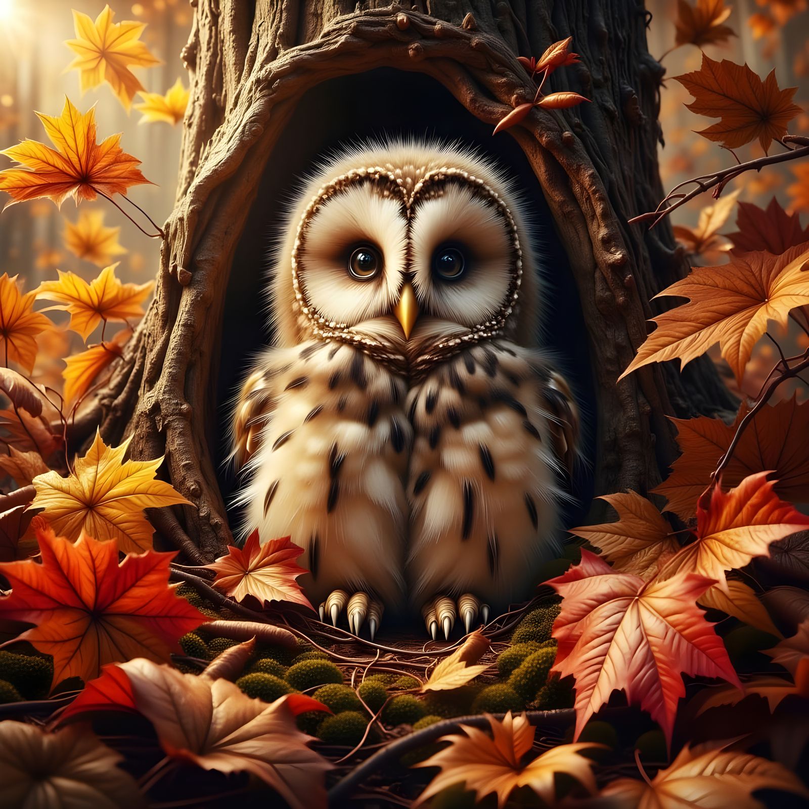 Vibrant Baby Owl Perched in Autumnal Glory