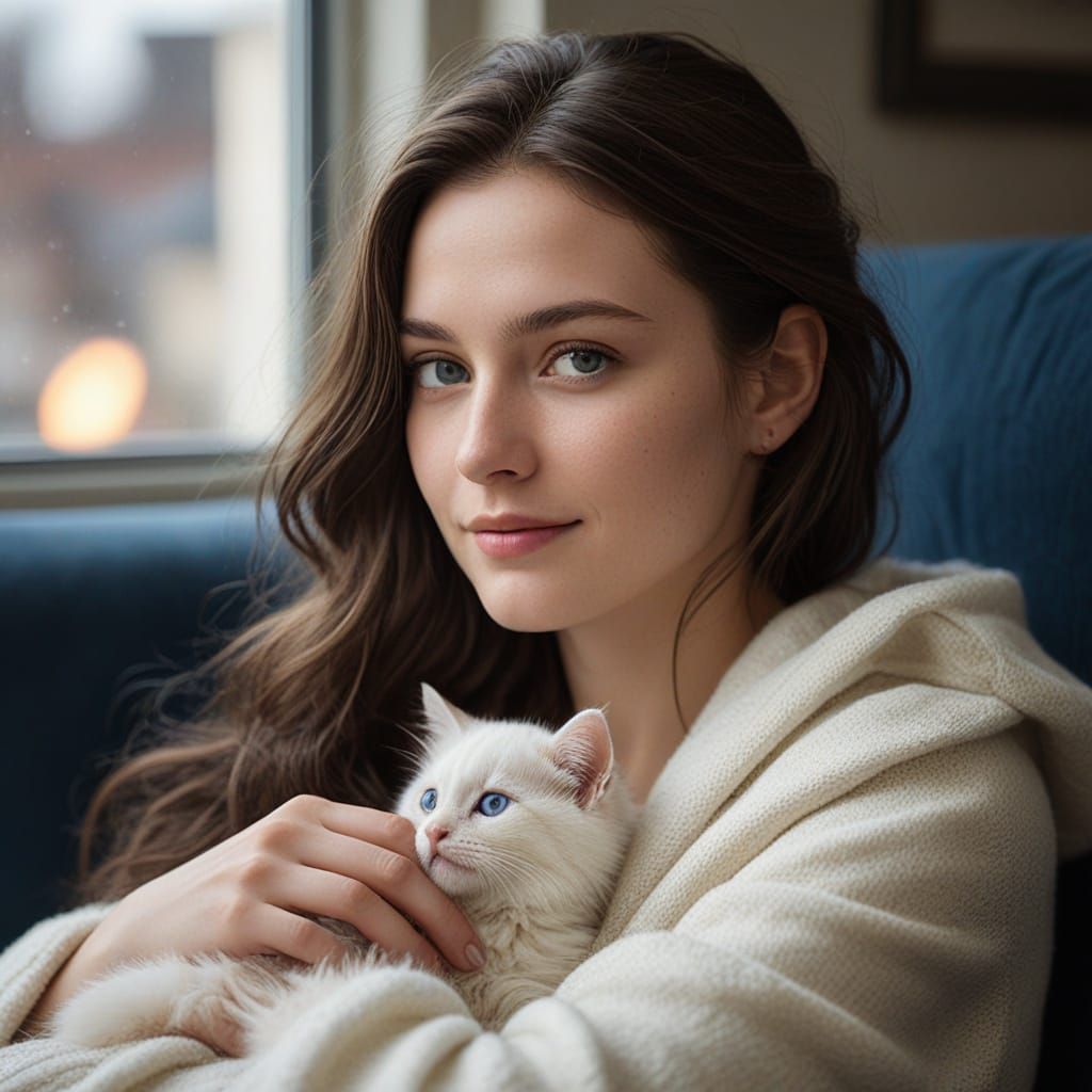 Serene Winter Portrait of Woman with Kitten