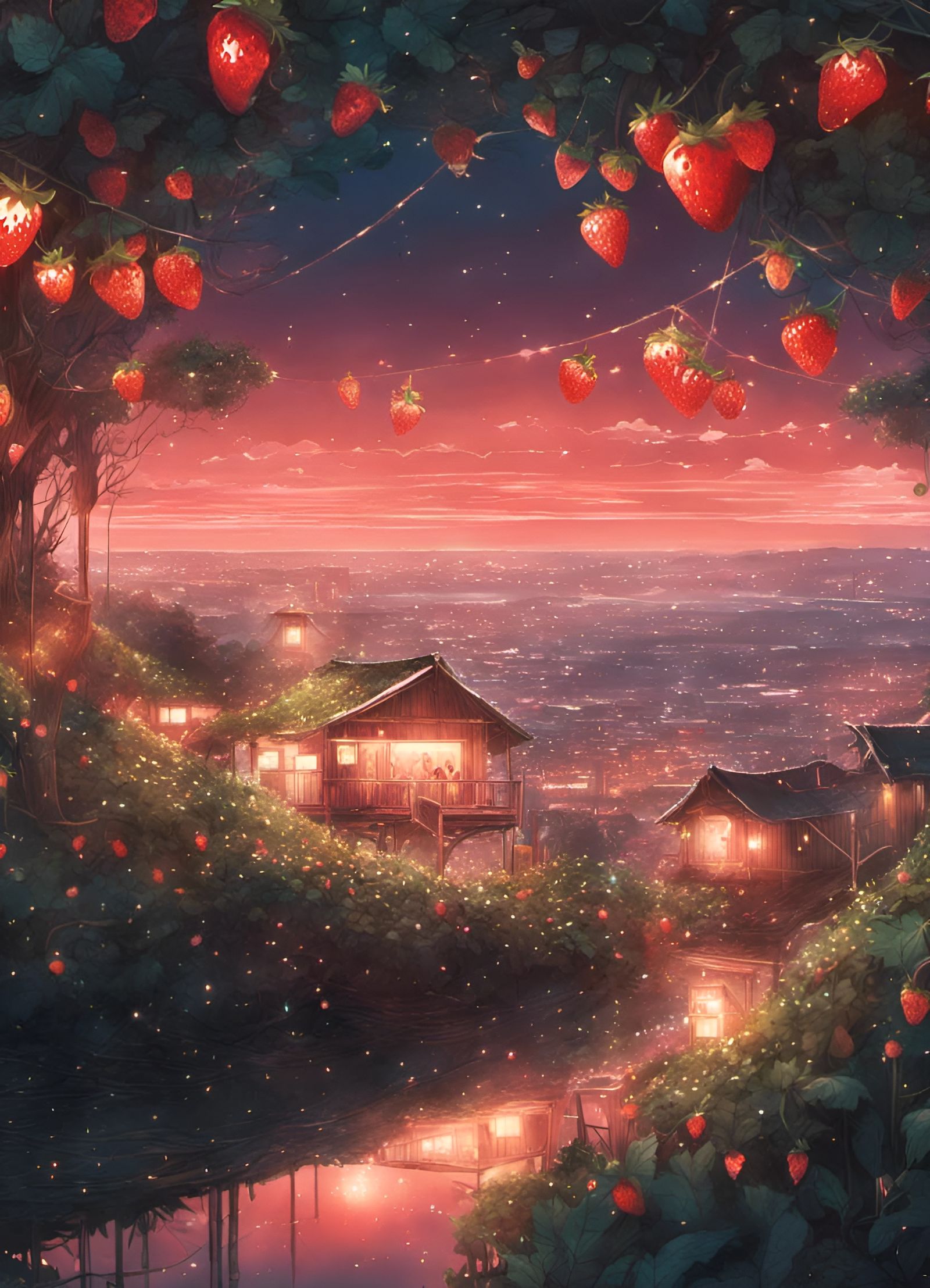 Strawberry Glitter Garden Village in Anime Style