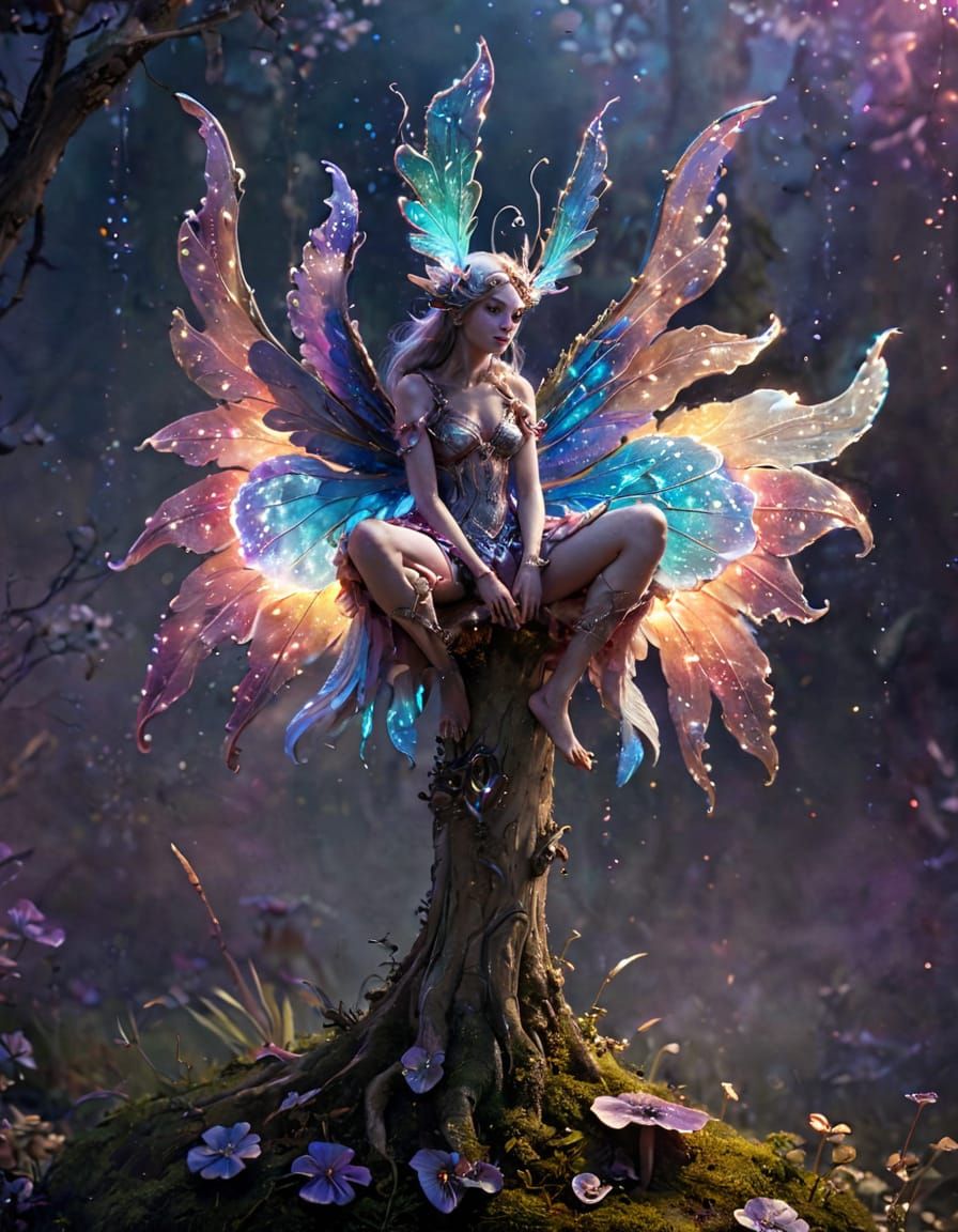 Mythical Being on Mushroom with Iridescent Wings