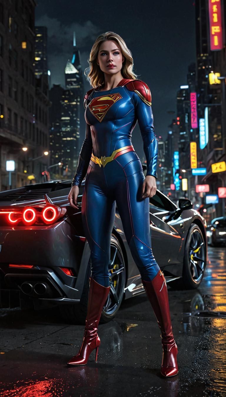 Supergirl in Gotham City with Ferrari: Anime Style
