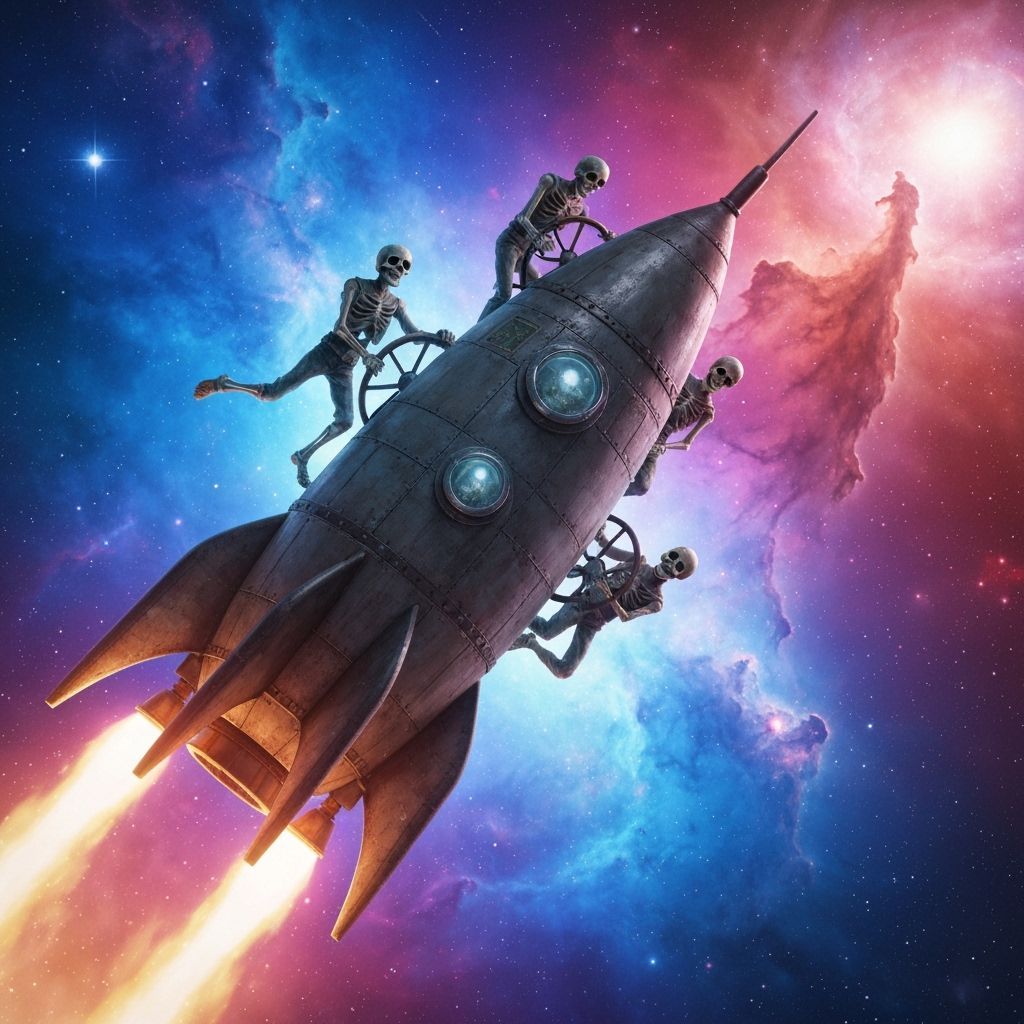 Ghostly Pirate Ship Rocketing Through Starry Nebulae