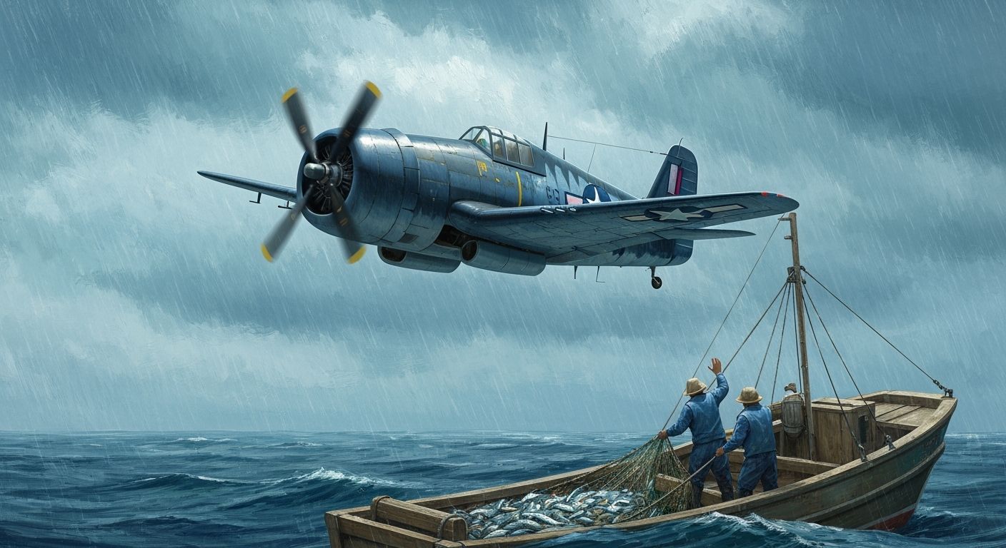 Weathered Navy Hellcat Soars Over Rainy Ocean