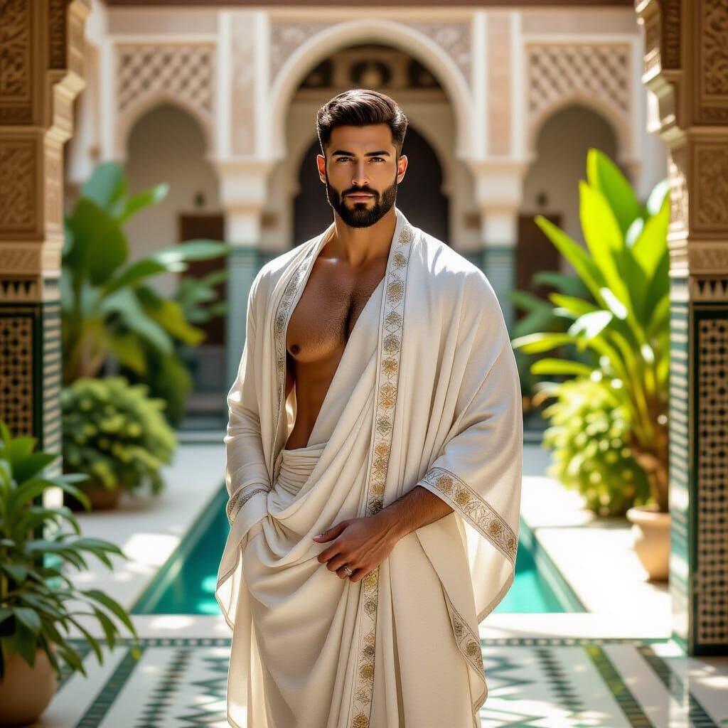Middle-Eastern Man in Moroccan Courtyard, Klimt-Mucha Style