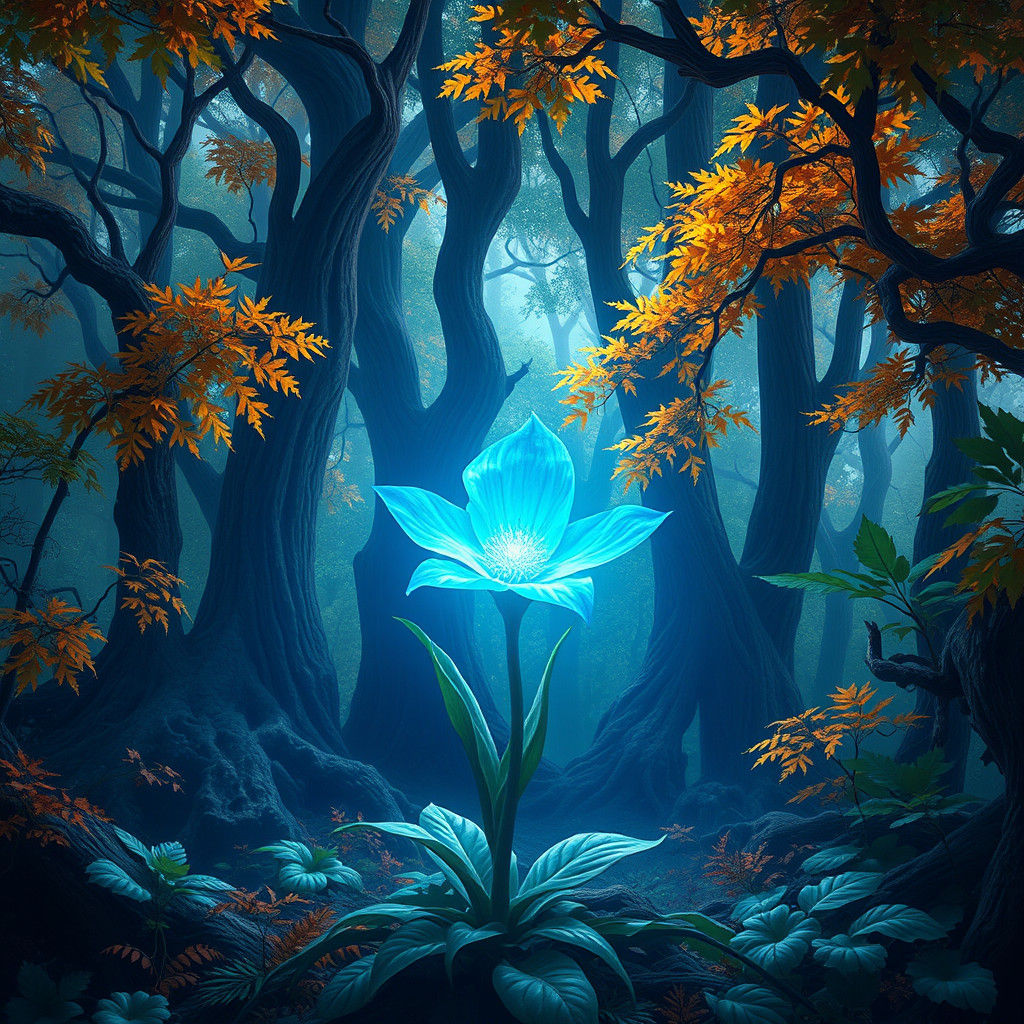 Mystical Blue Flower in Enchanted Forest