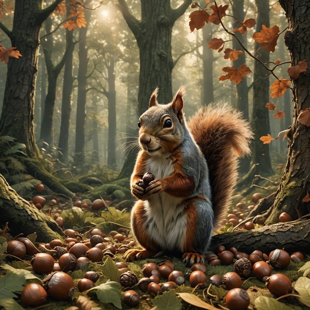 Gigantic Squirrel in Forest: Hyper-Realistic Matte Painting