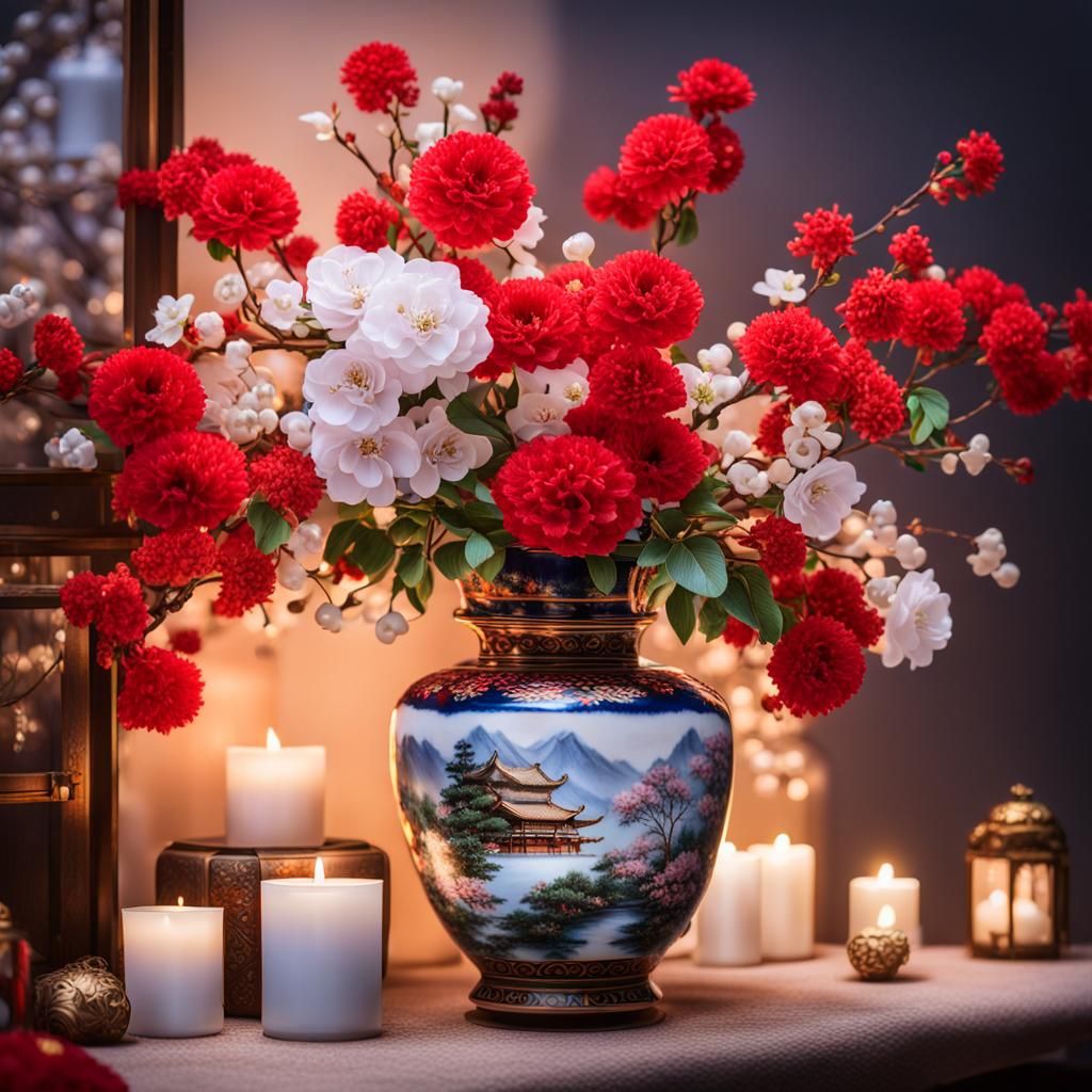 Exquisite Porcelain Vase with Flowers and Fairy Lights