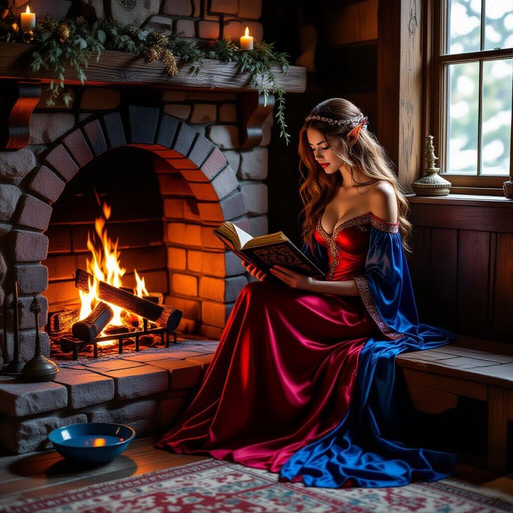 Elf Reading by Cozy Fireplace