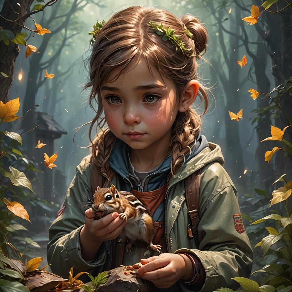 Child Feeds Chipmunks in Magical Forest
