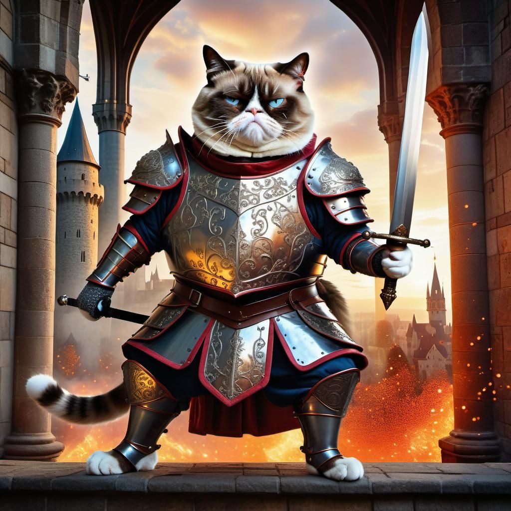 Armored Cat Wields Sword in Castle, Alcohol Ink Style