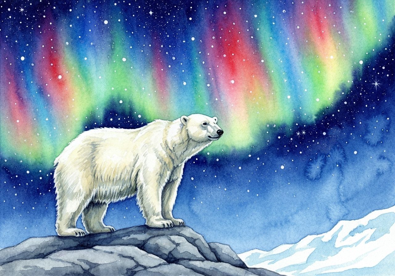Polar Bear Under Starry Night Sky with Aurora